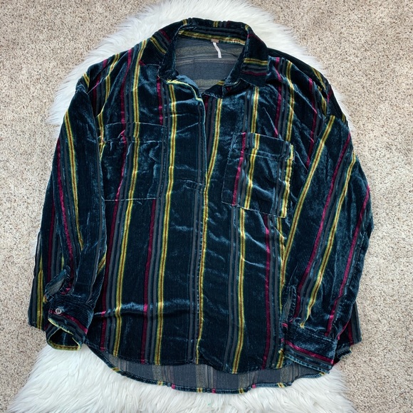 Free People Tops - Free People Green Velvet Striped Oversized Shirt